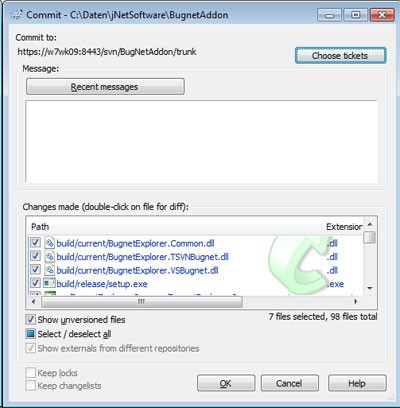 Check-In Dialog von TortoiseSVN mit Integration von Bugnet Explorer Suite