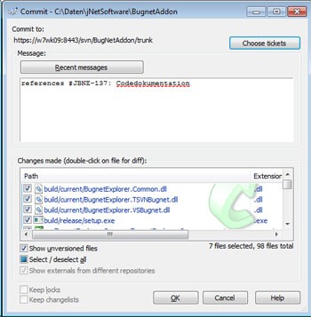 Check-In Dialog von TortoiseSVN mit ausgewähltem Ticket aus Bugnet Explorer Suite