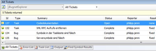 Übersicht der Tickets in Bugnet Explorer Suite
