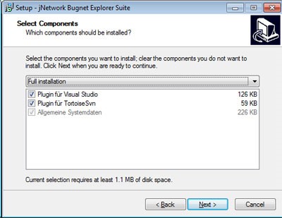 Setup Screen Bugnet Explorer Installation, Wahl der Komponenten