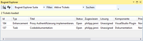 Ticketansicht in Visual Studio